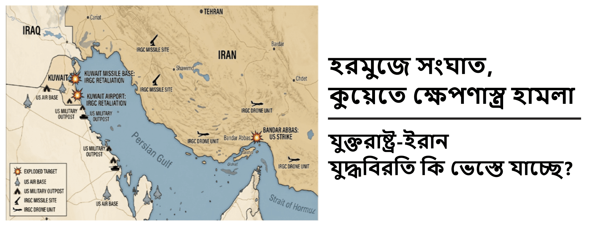 হরমুজে সংঘাত, কুয়েতে ক্ষেপণাস্ত্র হামলা: যুক্তরাষ্ট্র-ইরান যুদ্ধবিরতি কি ভেস্তে যাচ্ছে?